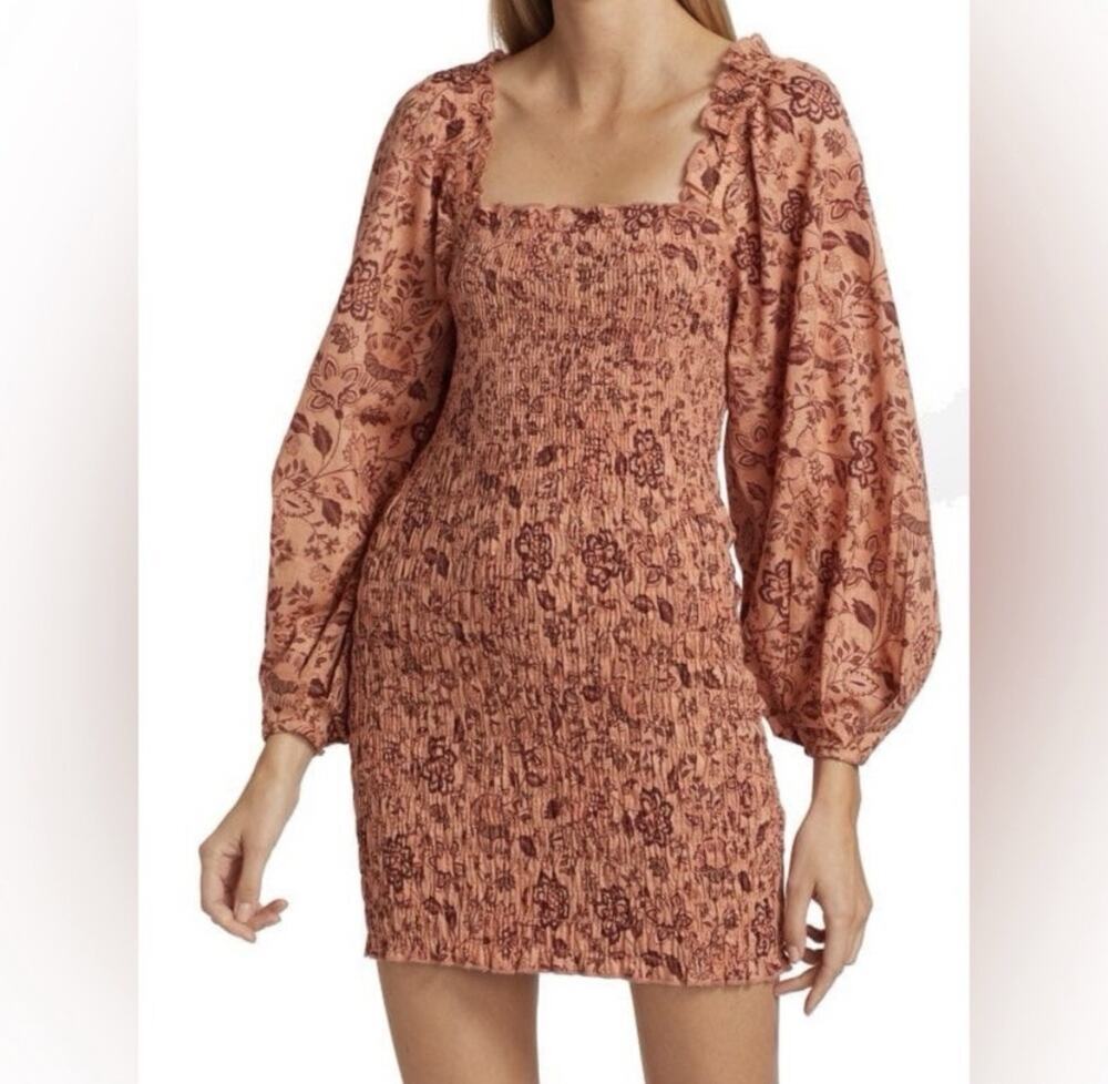 Free People Smock It To Me Mini Dress Size M Peach Floral Cottagecore Boho